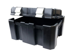 Black heavy-duty plastic storage container with secure latches, rugged design.