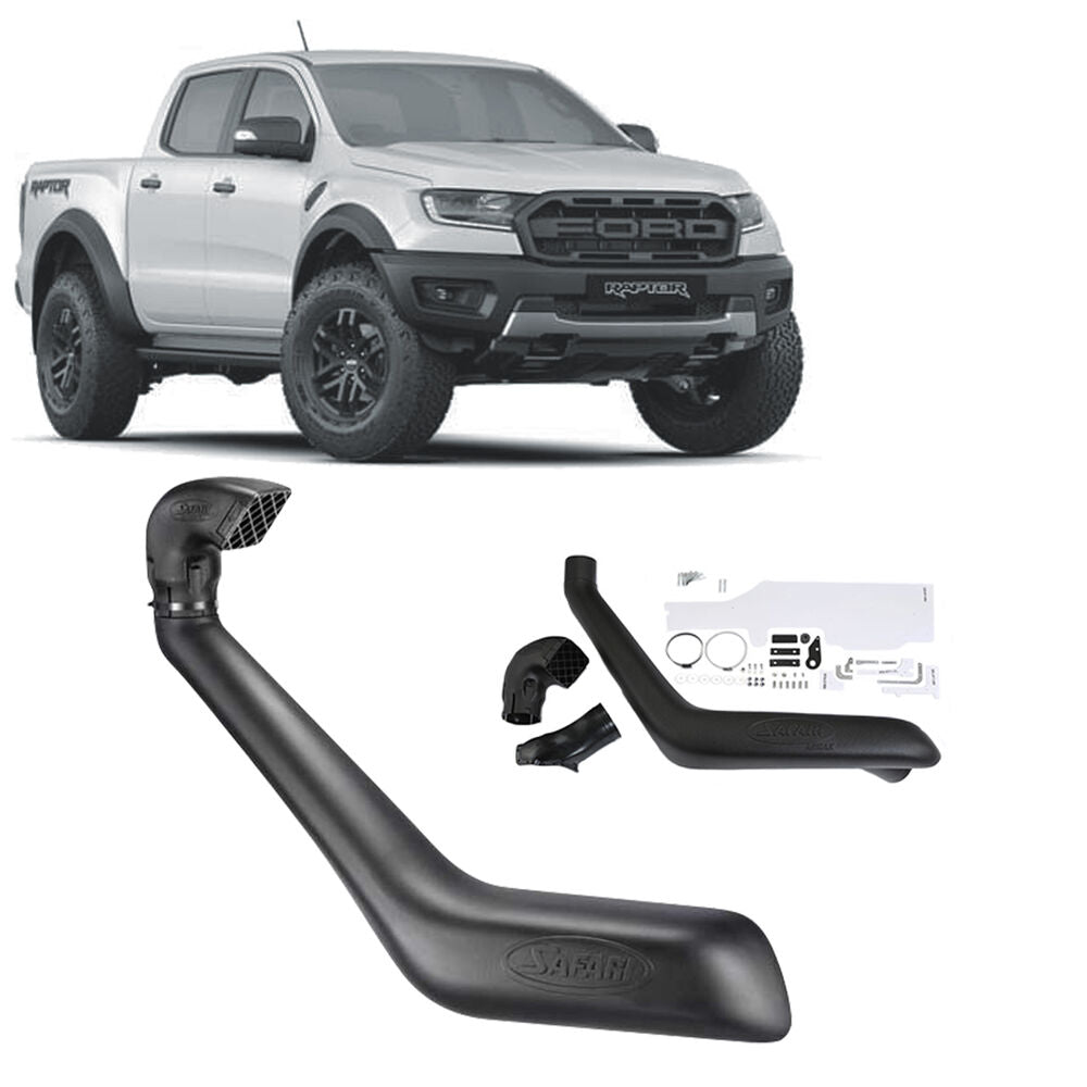 White Ford pickup truck in background, black snorkel system and accessories shown.