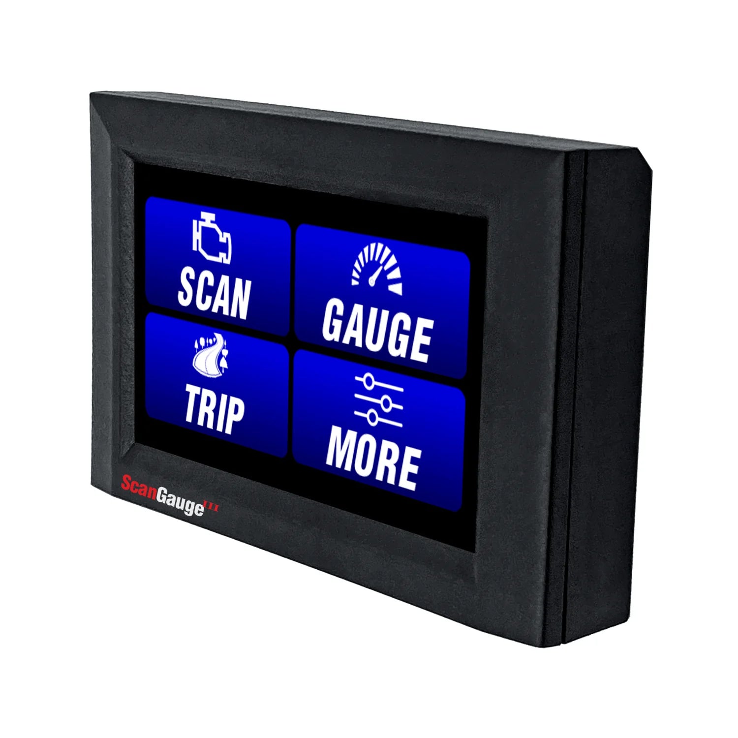 Automotive device with screen, labeled buttons: Scan, Gauge, Trip, and More.