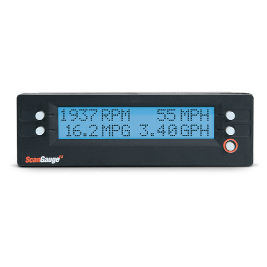 Digital automotive gauge showing 1837 RPM, 5.5 MPH, 16.2 MPG, 3.40 GPH. 600