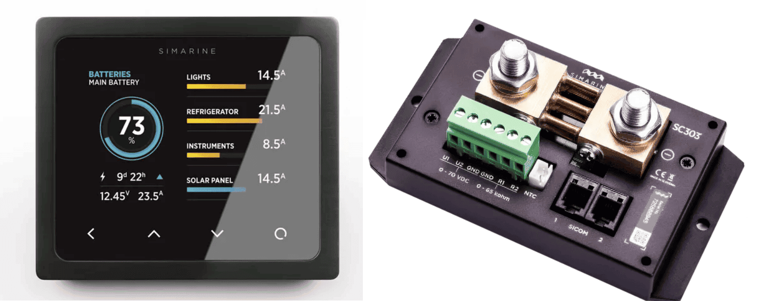 SIMARINE battery monitor display and module with connectivity ports.