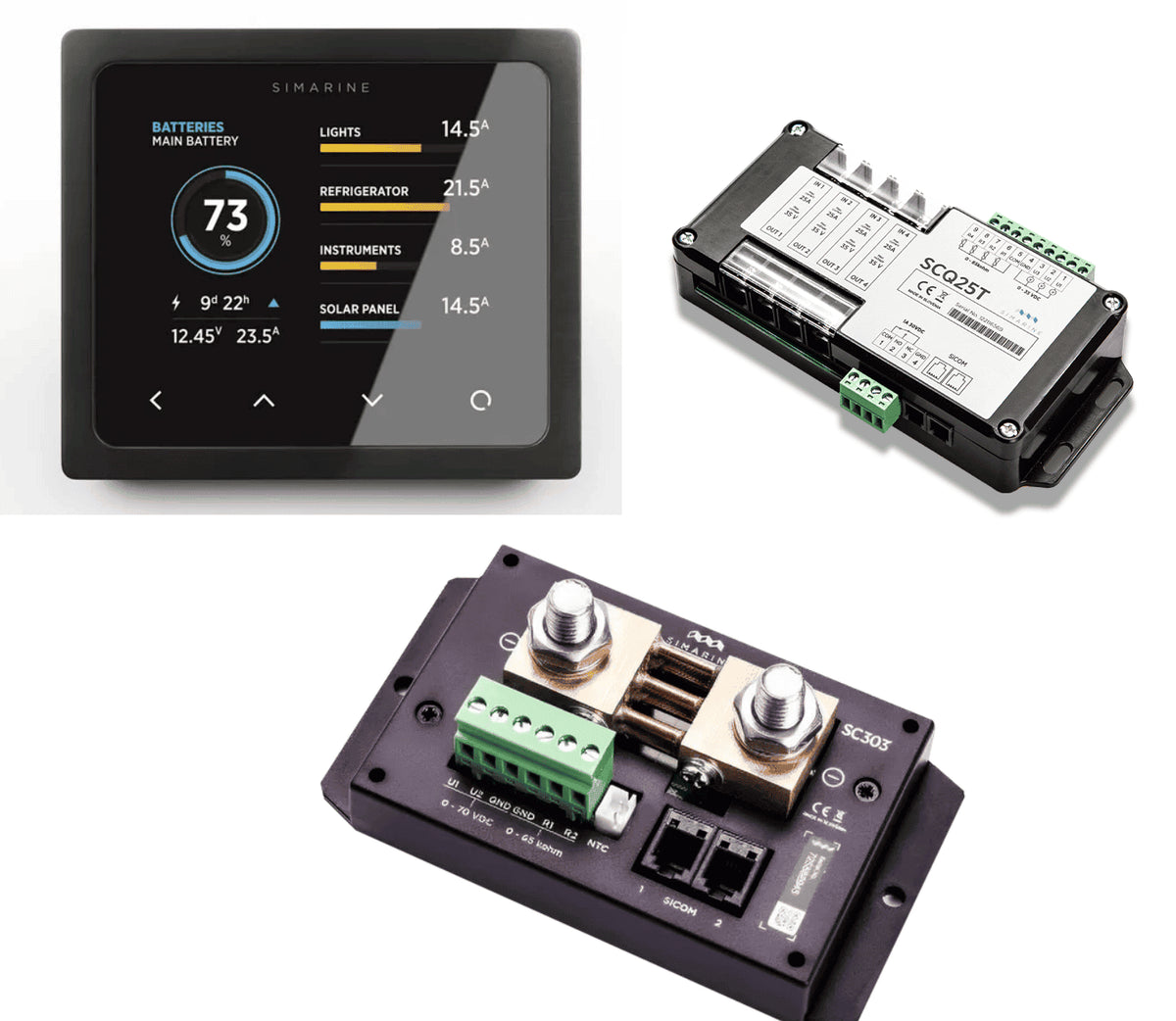 Simarine smart monitoring system showing battery and energy stats.