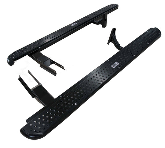 Black vehicle running boards with metal brackets, textured surface for traction. 2048