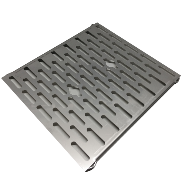 Square metal grate with slotted pattern.