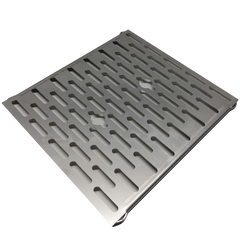 Square metal grate with slotted pattern.