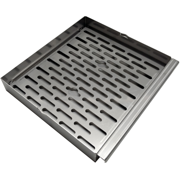 Square metal grate with slotted pattern.