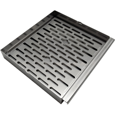 Square metal grate with slotted pattern.