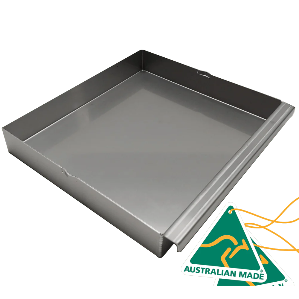 Shallow square aluminum tray with raised edges, labeled Australian Made