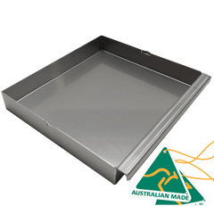 Shallow square aluminum tray with raised edges, labeled Australian Made