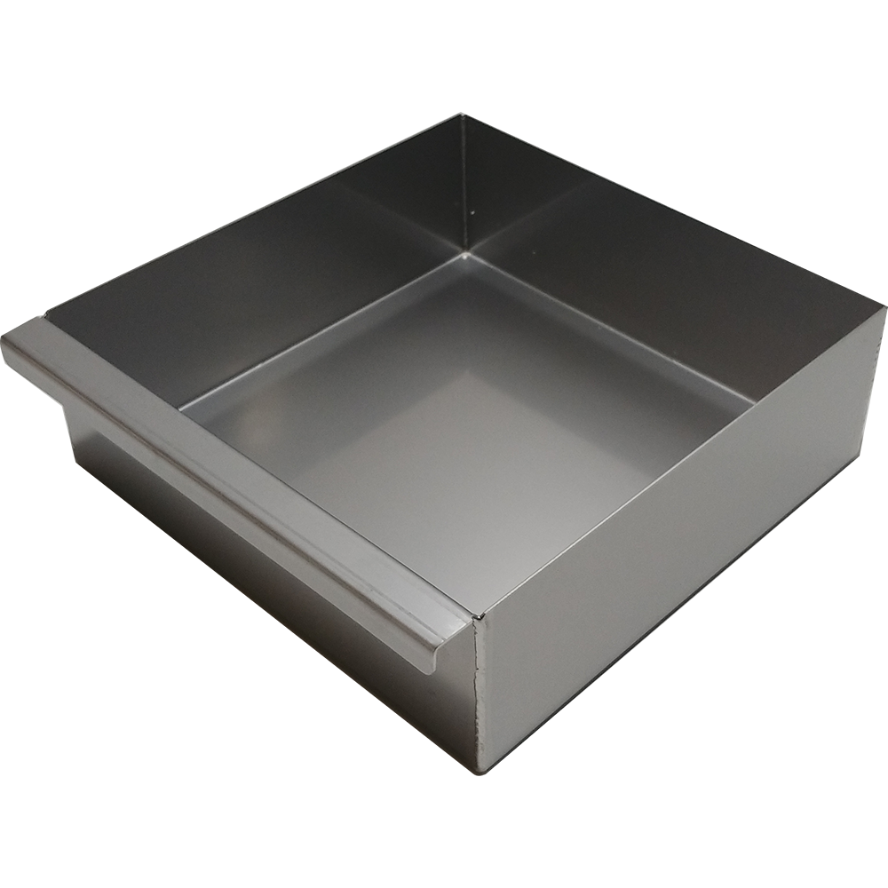 Square stainless steel baking pan with rectangular handle.