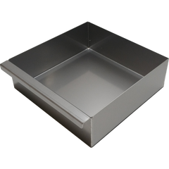 Square stainless steel baking pan with rectangular handle.