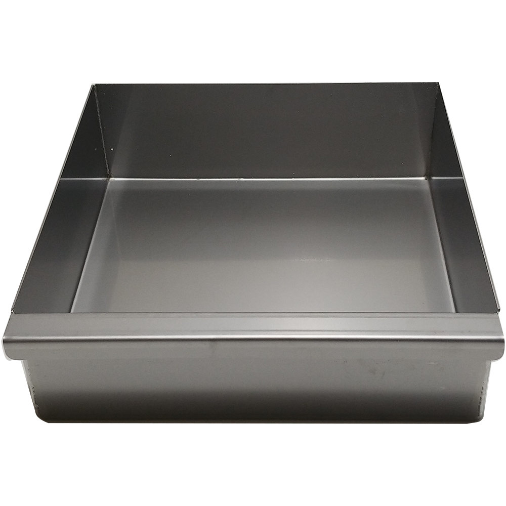 Square stainless steel baking pan with rectangular handle.