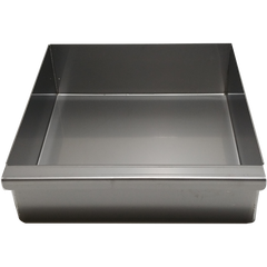 Square stainless steel baking pan with rectangular handle.