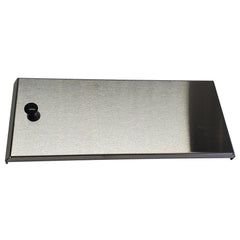 Stainless steel cover with small black knob on white background.