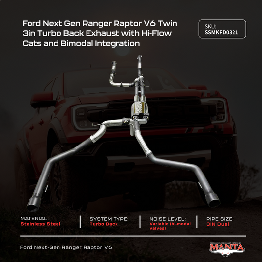 Next Gen Ranger Raptor V6 Twin 3in Turbo Back Exhaust with Hi-Flow Cats and Bimodal Integration