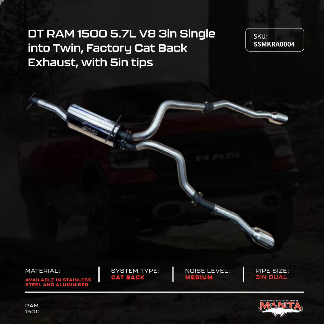 DT RAM1500 5.7L V8 3in Single into Twin, Factory Cat Back Exhaust, with 5in Chrome tips