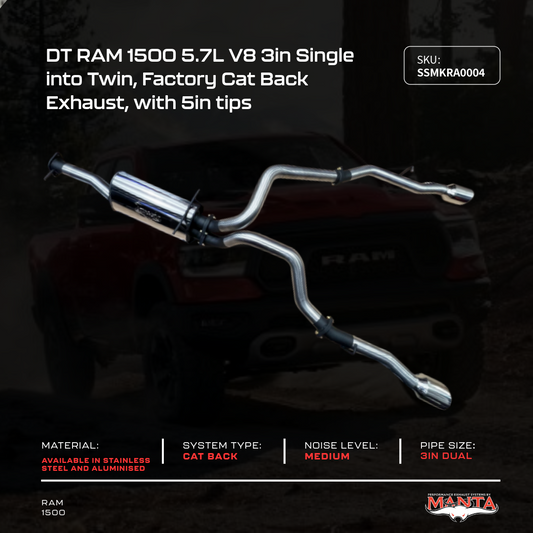 DT RAM1500 5.7L V8 3in Single into Twin, Factory Cat Back Exhaust, with 5in Chrome tips
