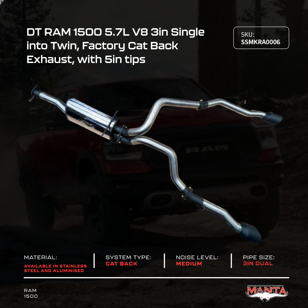 DT RAM1500 5.7L V8 3in Single into Twin, Factory Cat Back Exhaust, with 5in Black tips