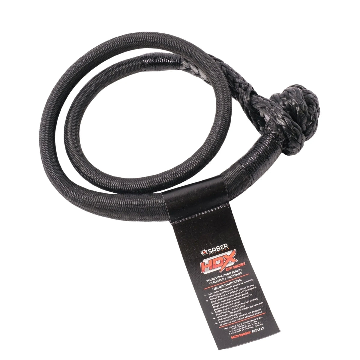 Black coiled recovery strap with knot and label showing brand information.