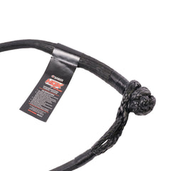 Black coiled recovery strap with knot and label showing brand information.