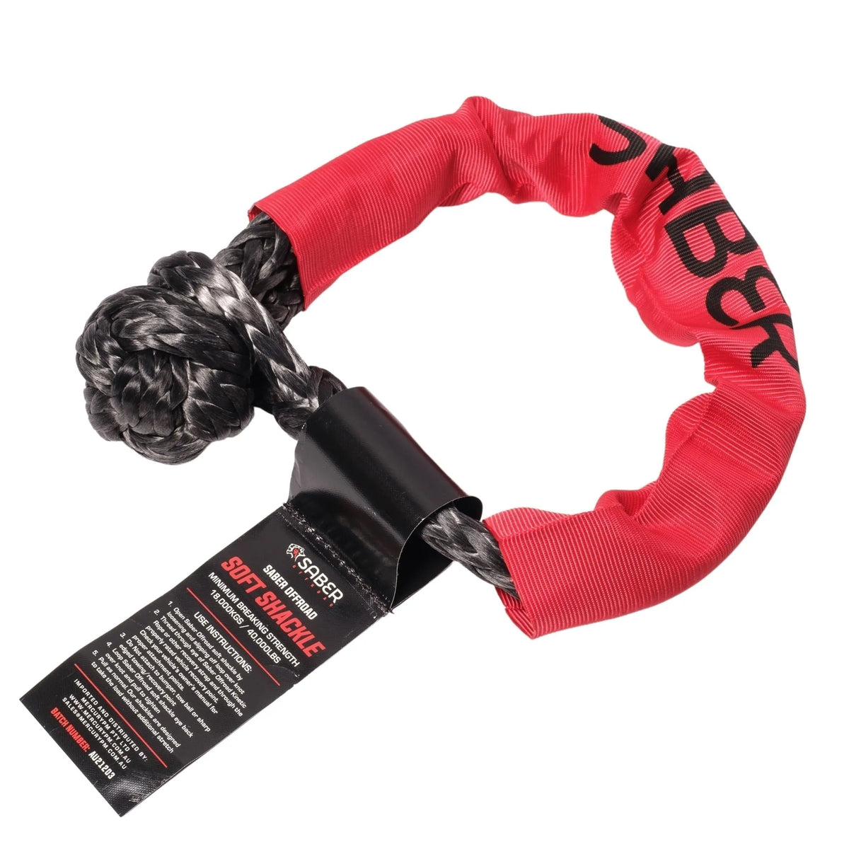 Close-up of soft shackle with red cover and black info tag.