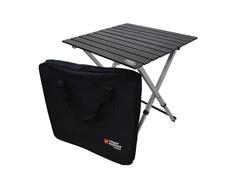 Compact folding table with black slatted top, silver legs, and black carrying case.