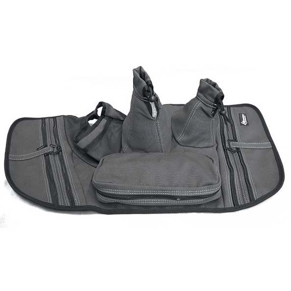 Gray seat back organizer with compartments, bottle holders, zipper pockets.