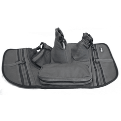 Gray seat back organizer with compartments, bottle holders, zipper pockets.