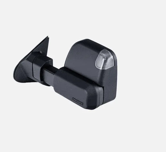 Black side mirror with integrated turn signal light.