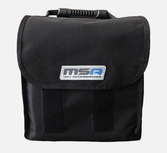 Compact black MSA bag with a carrying handle and logo on the front flap.