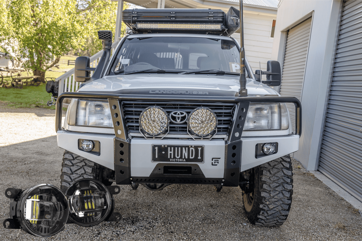 105 Series Dallas Bull Bar with STEDI Universal Type A LED Fog Light Kit mounted on a vehicle front view.