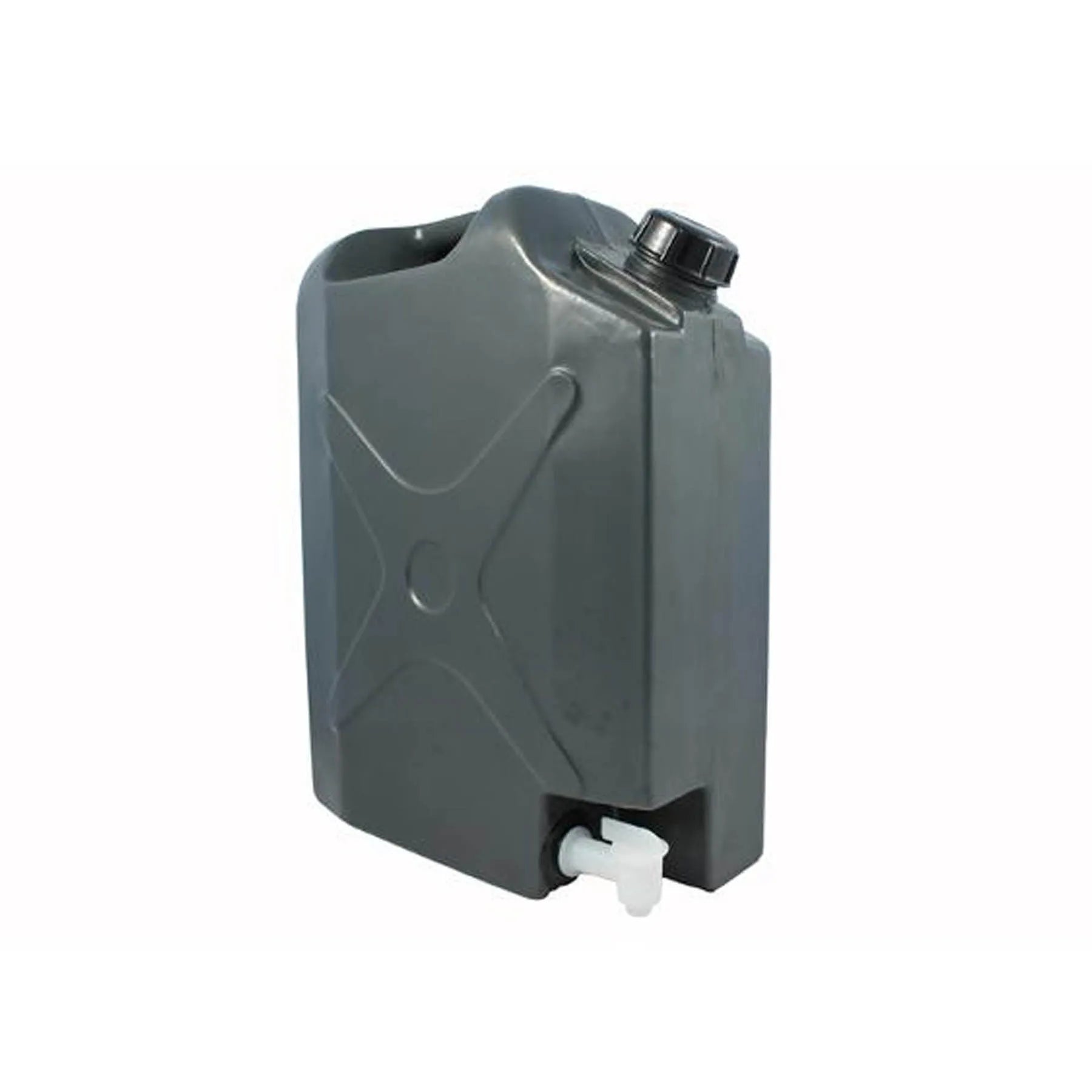 Gray jerry can with spout and screw cap, designed for liquid storage.