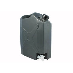 Gray jerry can with spout and screw cap, designed for liquid storage.