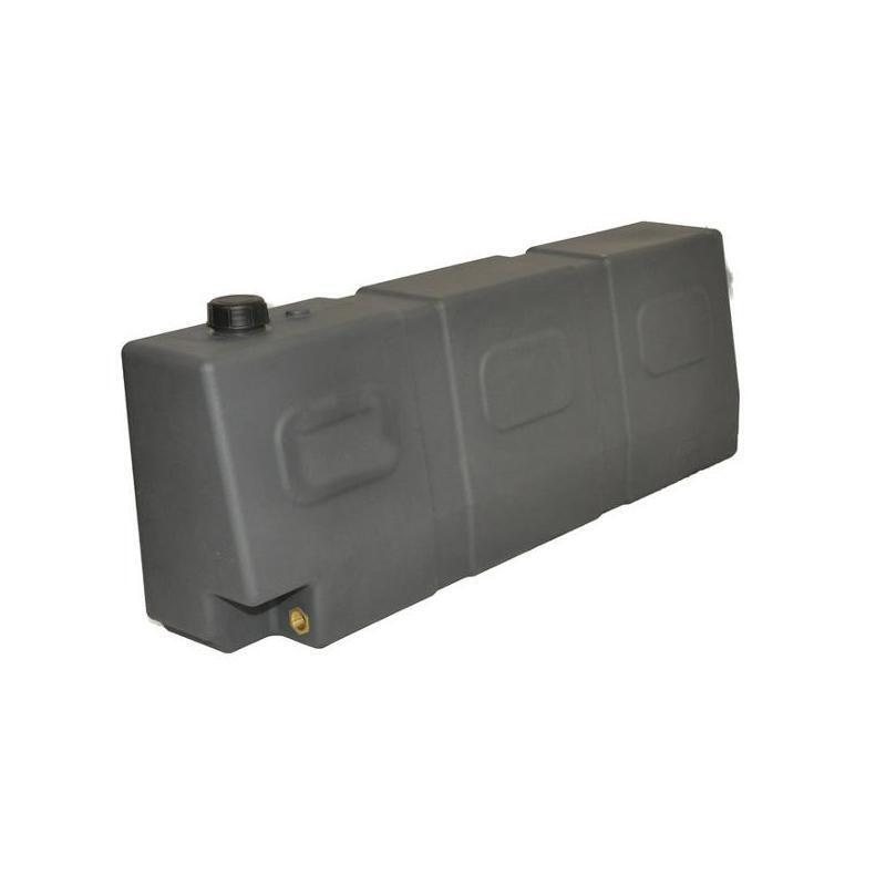 Rectangular gray plastic fuel tank with black cap and brass fitting.