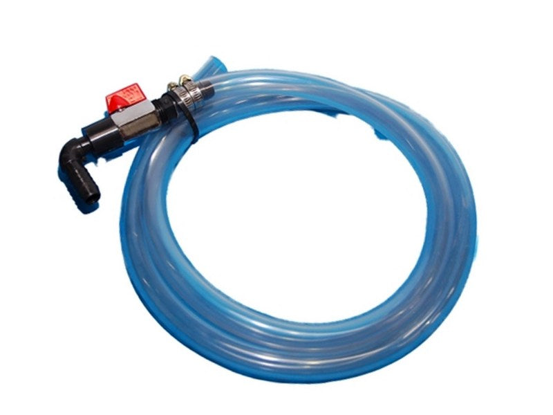 Coiled blue plastic hose with black-red valve attachment at one end.