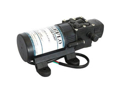 Black electric water pump with brackets, wiring, labeled specs.