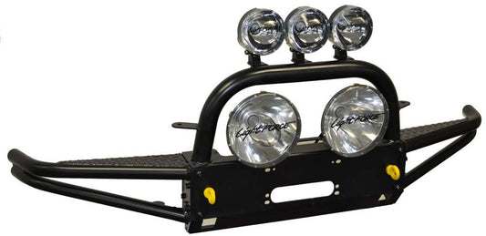 Black off-road bull bar with mounted lights and accessories.