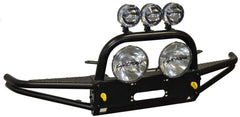 Black off-road bull bar with mounted lights and accessories.