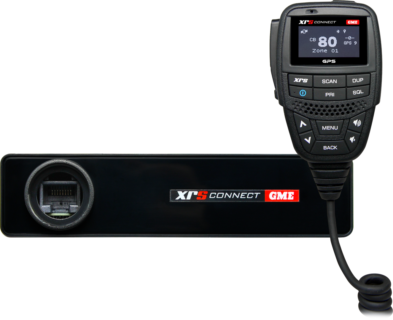 GME XRS Connect radio device with handheld mic, LCD display, control buttons.