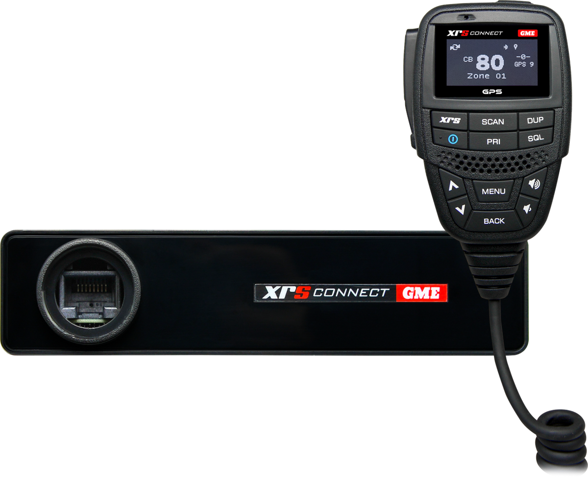 GME XRS Connect radio device with handheld mic, LCD display, control buttons.