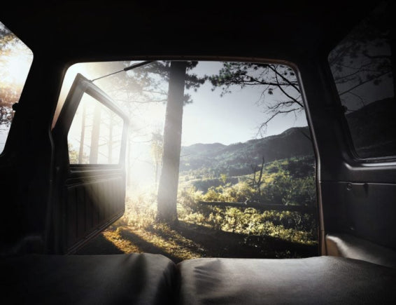 Back of a car, open door facing forest and mountains under clear skies.