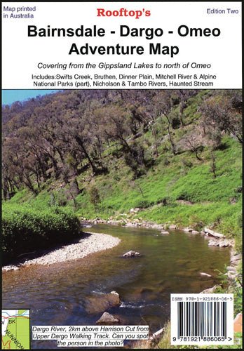 Map covering from Gippsland Lakes to north of Omeo, with scenic spots and rivers.