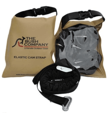 Elastic cam straps by The Bush Company with beige pouch and black straps. 379