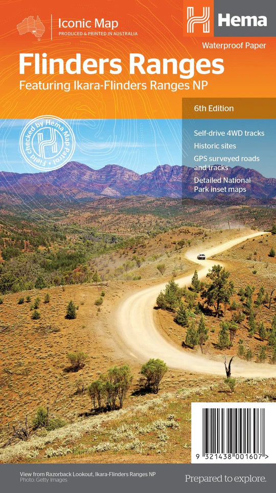 Flinders Ranges map with 4WD tracks, historic sites, and National Park details.