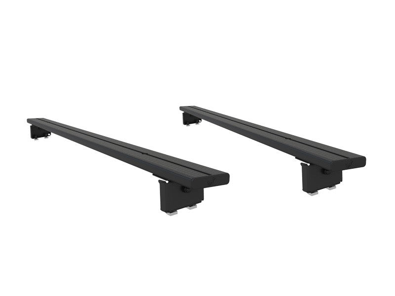 Pair of black roof racks for vehicle mounting, on white background.