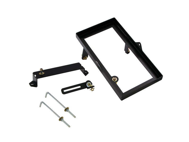 Black license plate bracket with L-shaped bolts and mounting component.