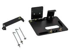 Black metal bracket and hardware components, screws and wall anchors, on white.