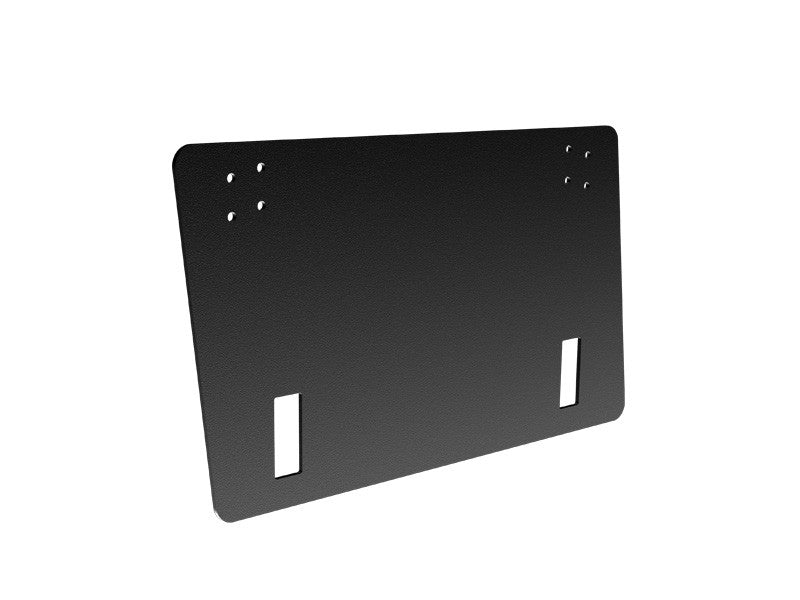 Black metal panel with four mounting holes at top corners, two rectangular cutouts.