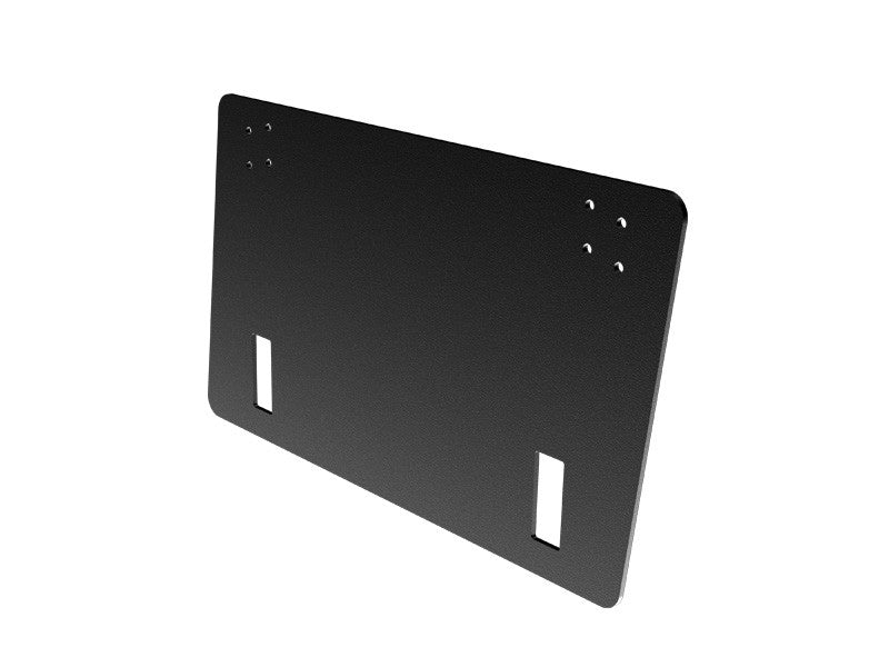 Black metal bracket with four small holes and two rectangular cutouts.