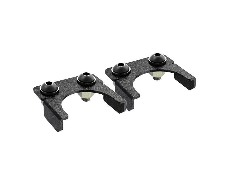 Two black metal brackets with circular holes for securing cylindrical objects.